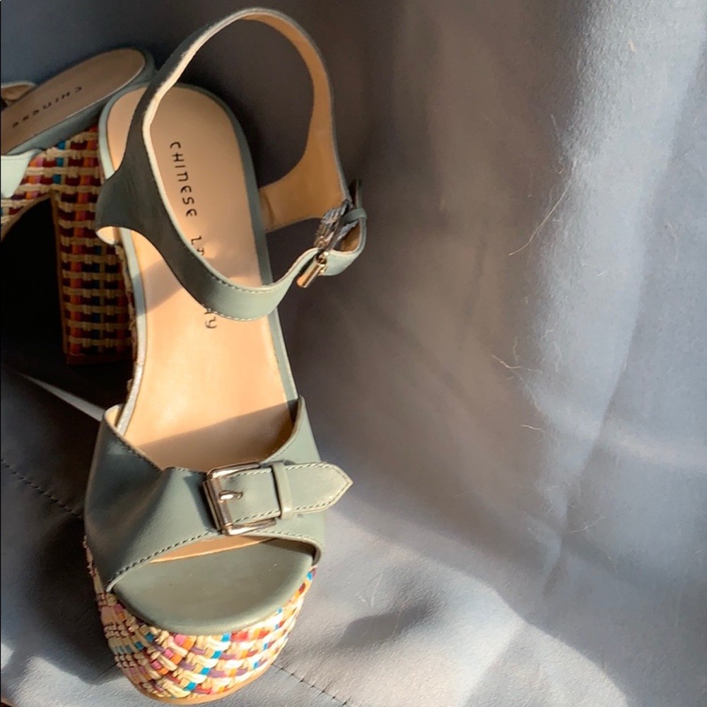 Chinese Laundry Teal Leather Platform Sandals with Multicolor Woven Heel - Picture 3 of 7